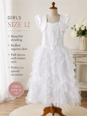 Tip Top Kids White Ruffled Organza Party Dress with Puff Sleeves